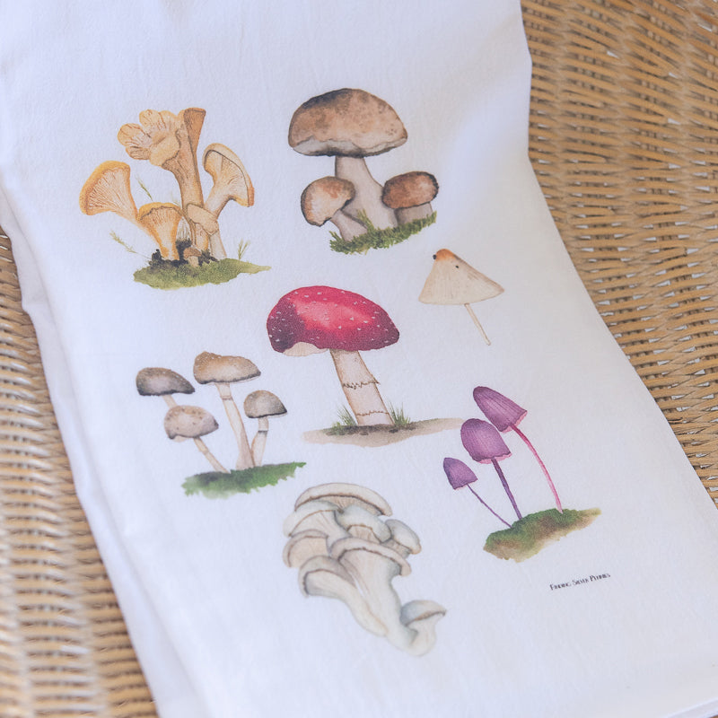 Mushroom Tea Towel by Danielle Driscoll | Finding Silver Pennies #mushrooms #watercolor #teatowel