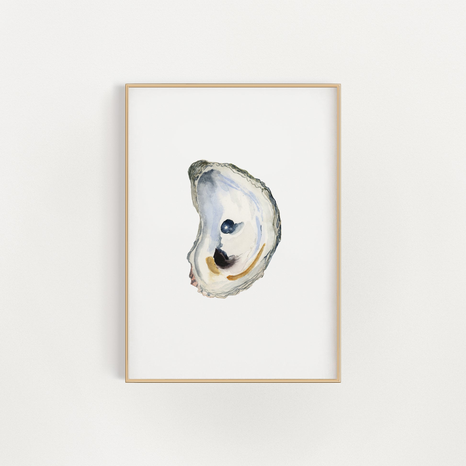 Framed artwork of an oyster shell on a white background
