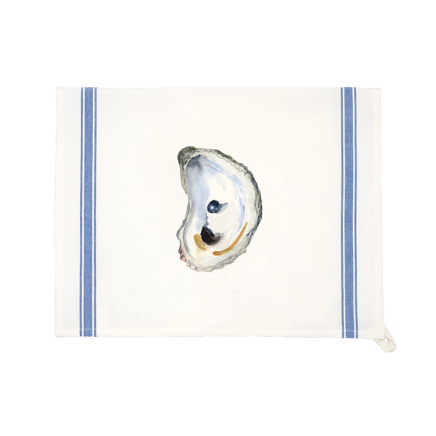Oyster shell on a white towel with blue stripes
