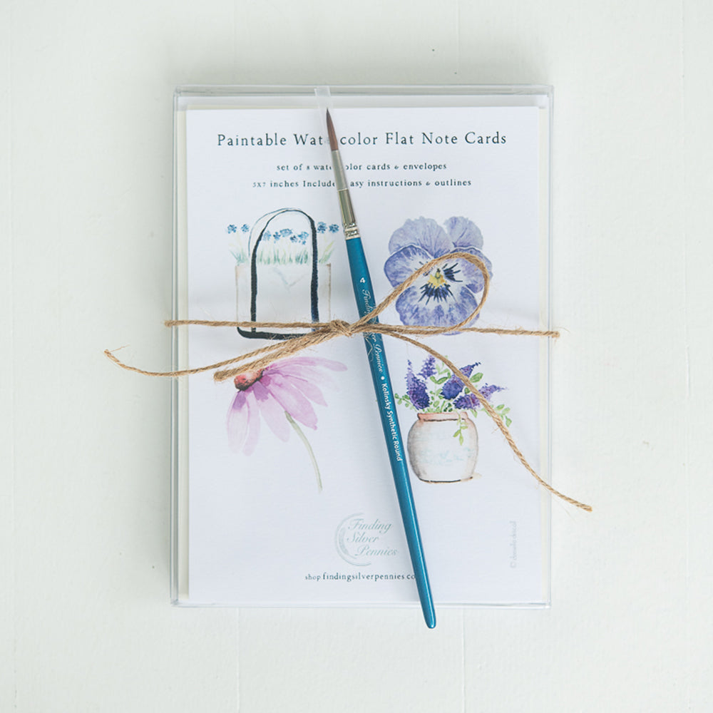 Paintable Watercolor Flat Cards Flowers and Brush Set | Finding Silver Pennies