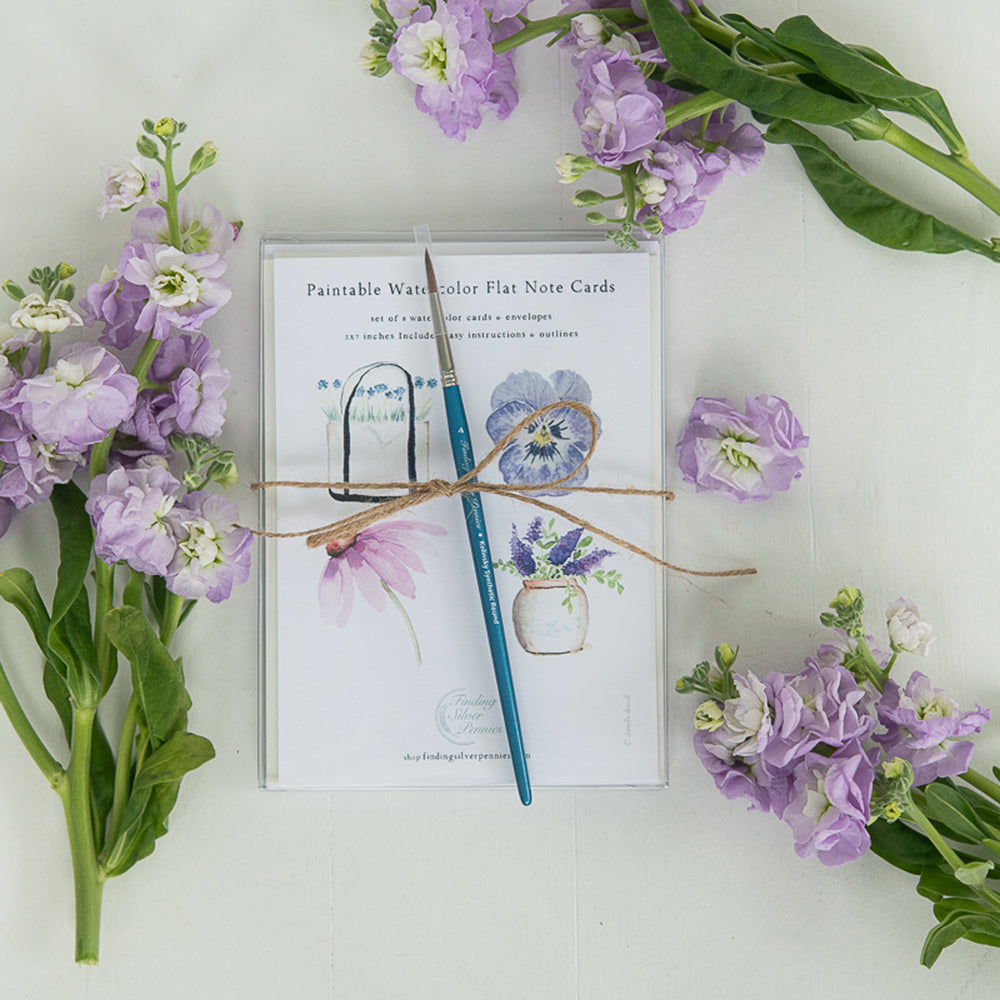 Paintable Watercolor Flat Cards Flowers and Brush Set | Finding Silver Pennies