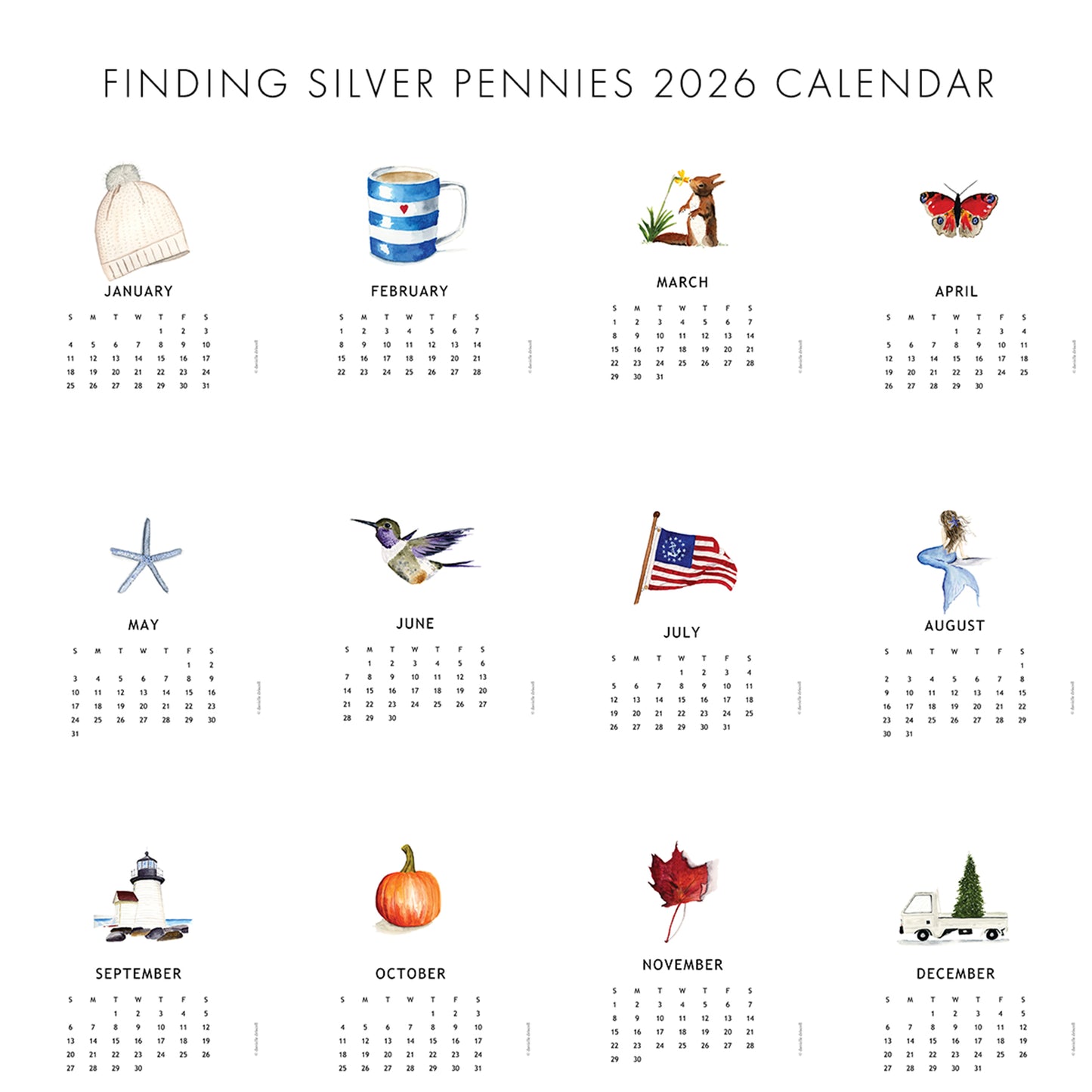 2026 calendar with monthly watercolor illustrations for each month on a white background