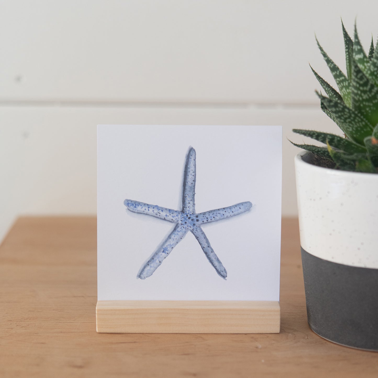 5 x 5 starfish print in a wooden stand.
