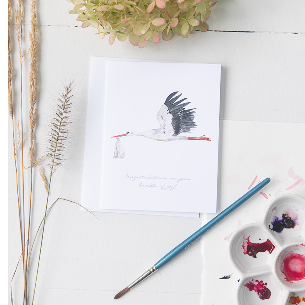 Watercolor Stork Note Card by Danielle Driscoll | Finding Silver Pennies