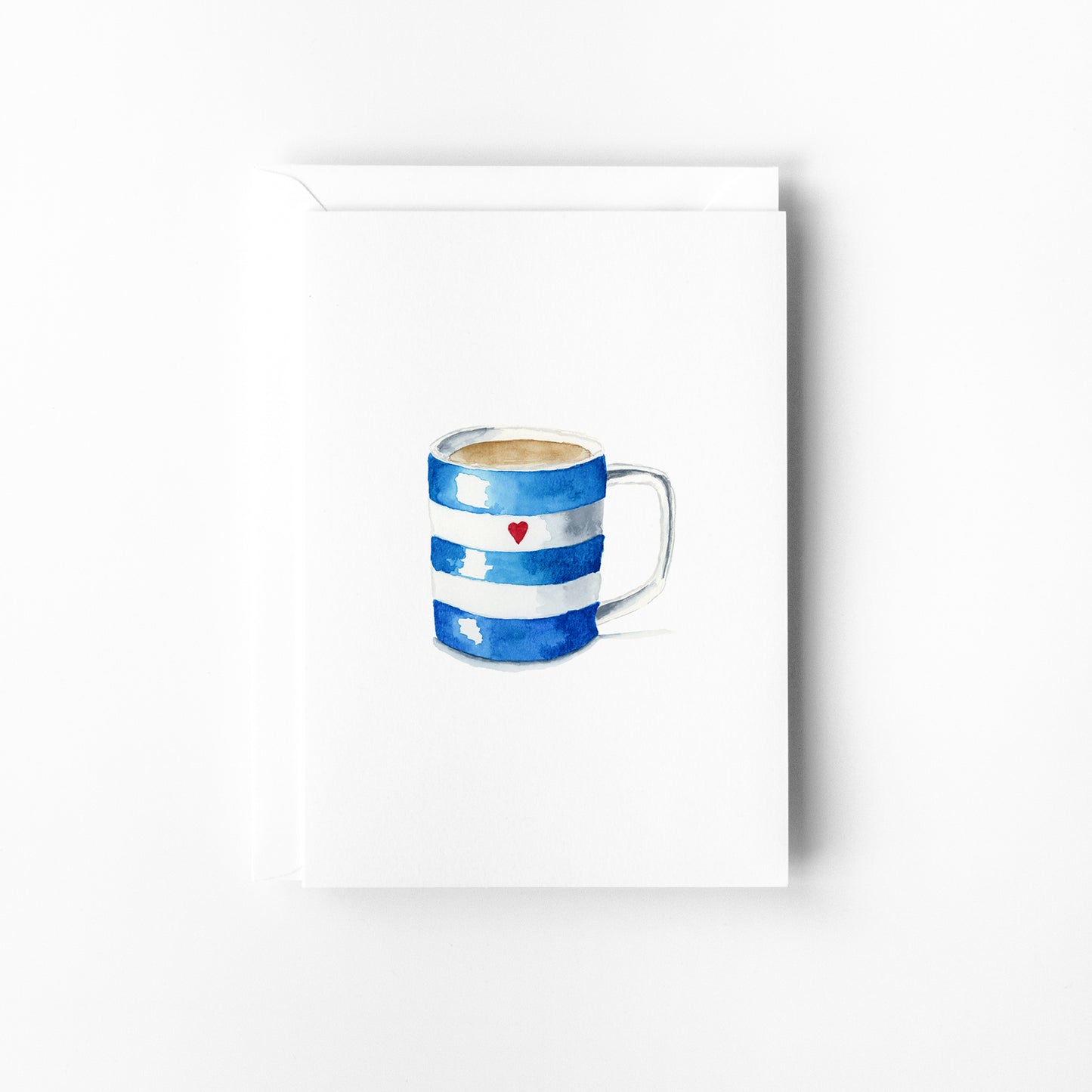 Blue and white striped mug with a red heart on a white background