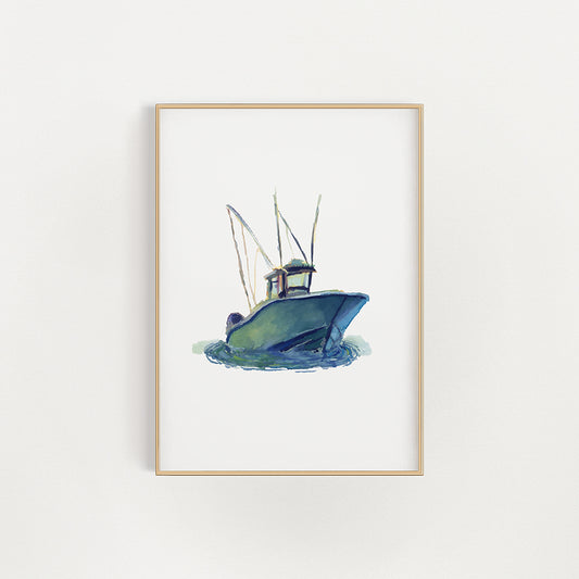 Teal Fishing Boat Giclée Print by John Driscoll | Ink Harbour Illustrations