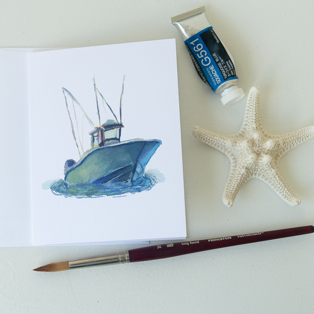 Teal Fishing Boat Card by John Driscoll | Ink Harbour Illustrations