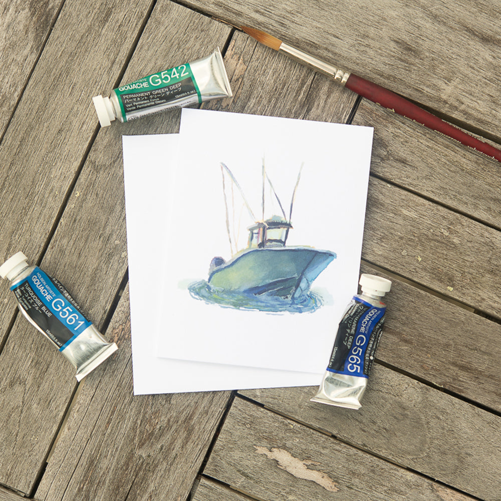 Teal Fishing Boat Card by John Driscoll | Ink Harbour Illustrations