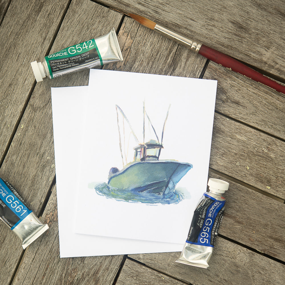 Teal Fishing Boat Card by John Driscoll | Ink Harbour Illustrations