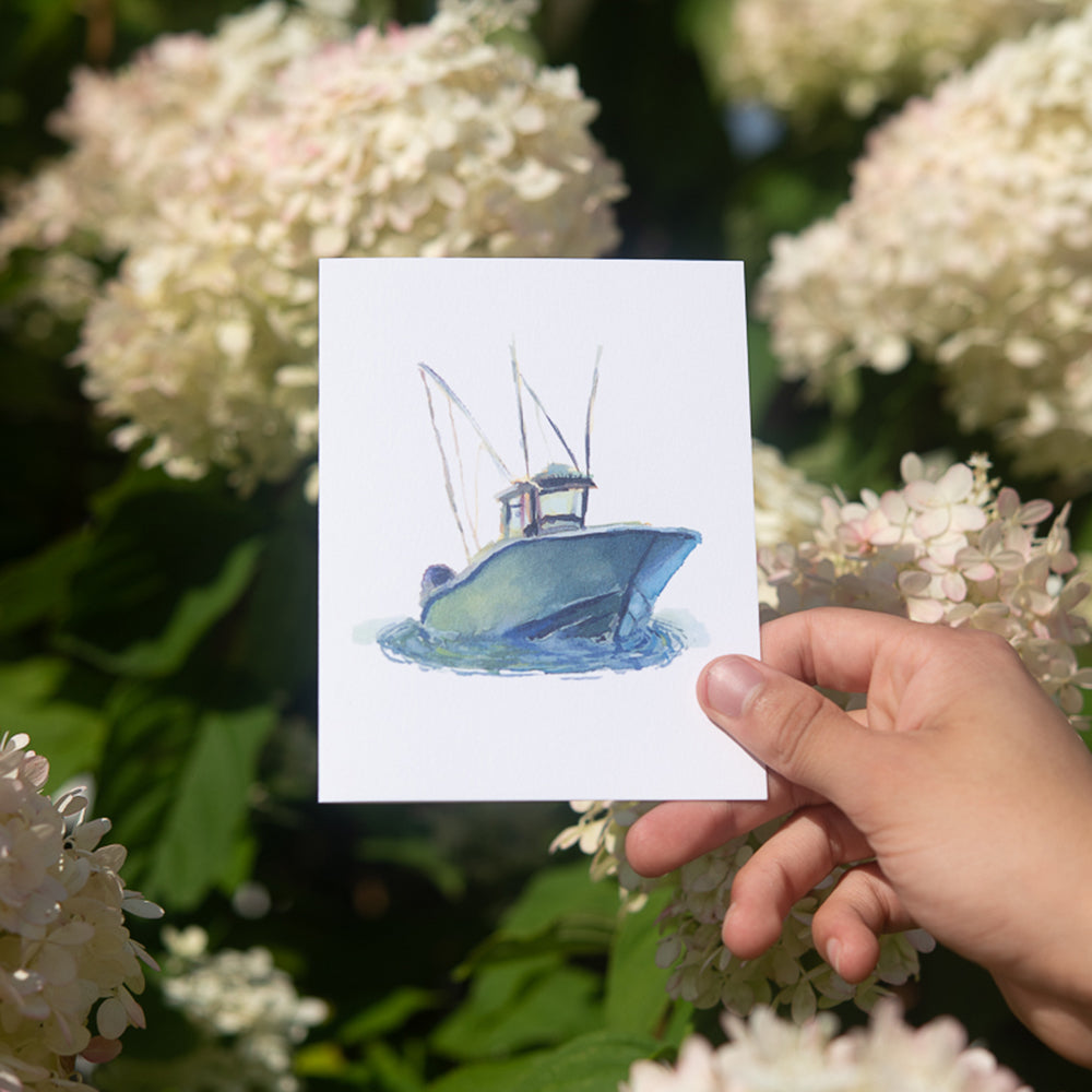 Teal Fishing Boat Card by John Driscoll | Ink Harbour Illustrations