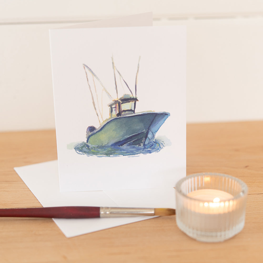 Teal Fishing Boat Card by John Driscoll | Ink Harbour Illustrations