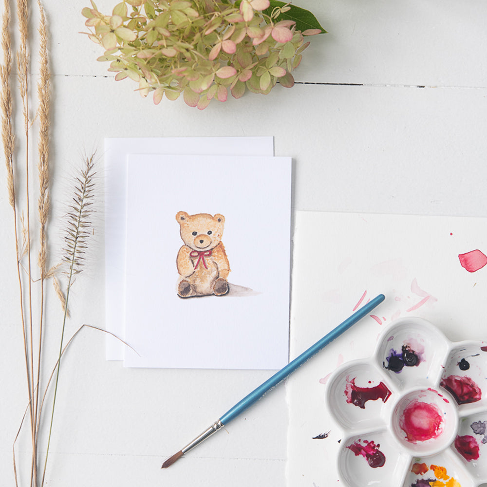 Watercolor Teddy Bear Note Card by Danielle Driscoll | Finding Silver Pennies