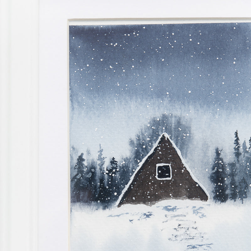 A-Frame in the Snow original painting by Danielle Driscoll | Finding Silver Pennies #watercolor #ocean #winter #aframe #woods