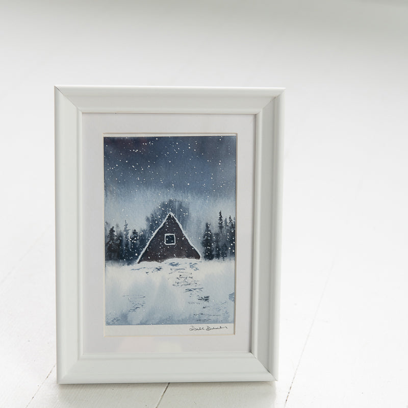 A-Frame in the Snow original painting by Danielle Driscoll | Finding Silver Pennies #watercolor #ocean #winter #aframe #woods