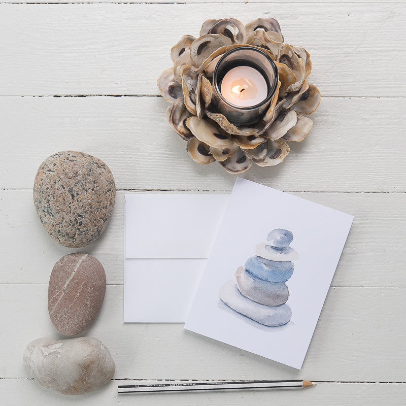 Beach Rocks Note Card pictured with rocks, pencil and oyster shell candle