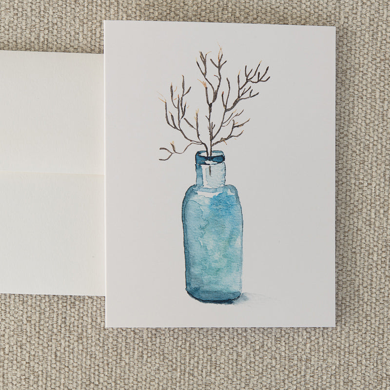 Blue bottle with coral watercolor note card