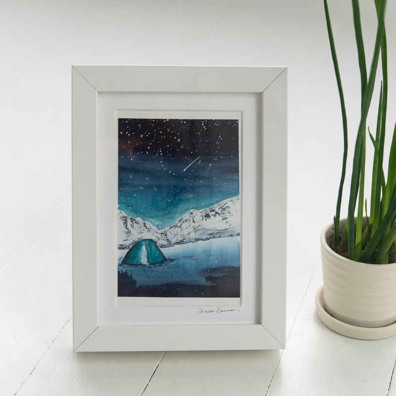 Camping Under the Stars original painting by Danielle Driscoll | Finding Silver Pennies #watercolor #camping #mountains #winter