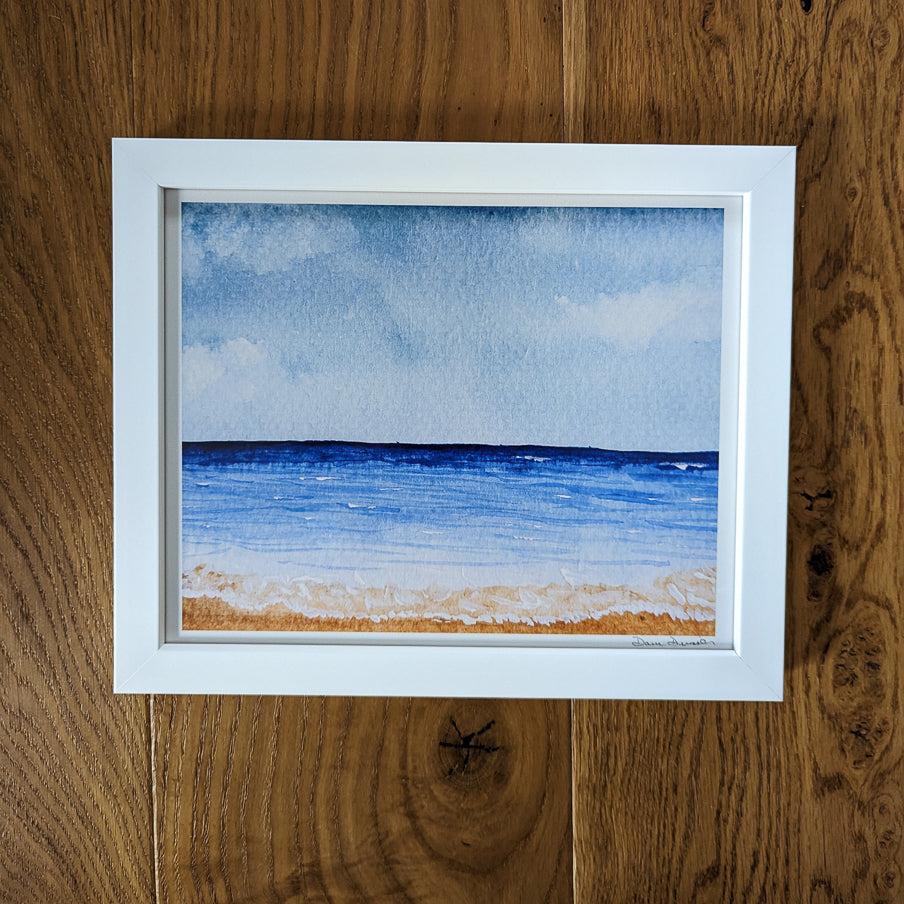 Day at the Beach Watercolor Print in white frame
