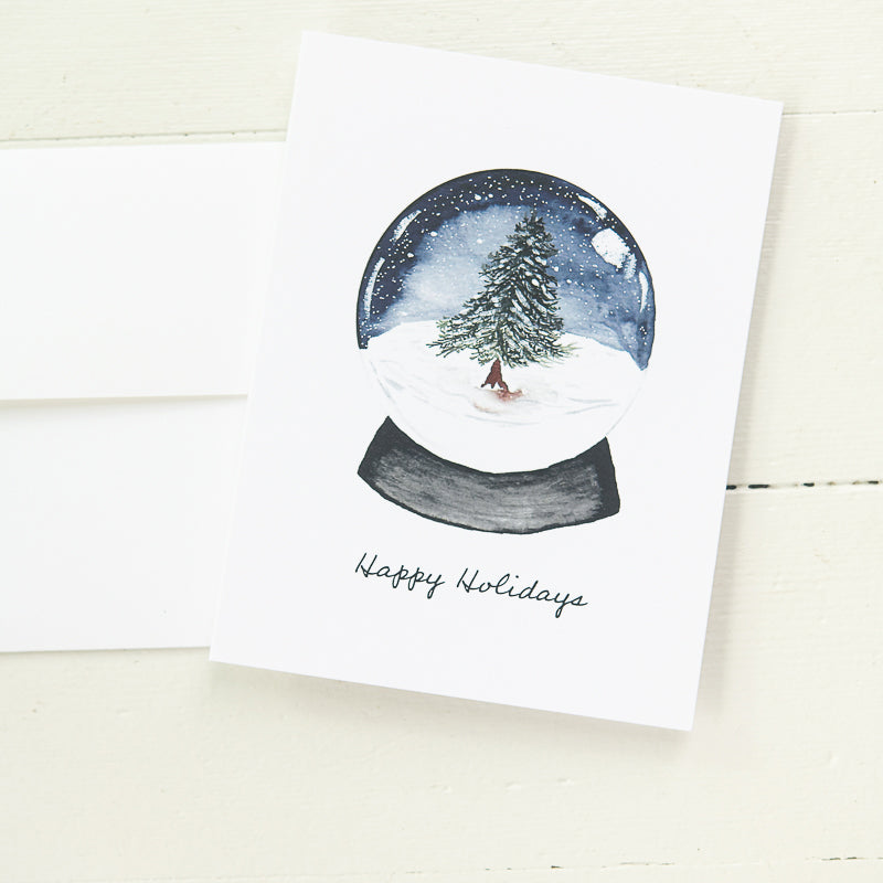 Evergreen tree in snow globe watercolor card