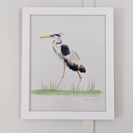 Great Blue Heron Giclee Print in White Frame