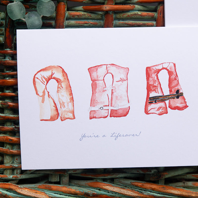 Life Jacket Note Card with watecolor illustrations by Danielle Driscoll of Finding Silver Pennies
