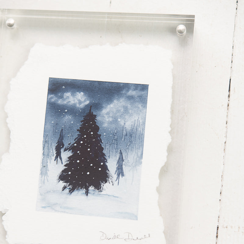 Snowy Trees Monochrome original painting by Danielle Driscoll | Finding Silver Pennies #watercolor #ocean #winter  #woods