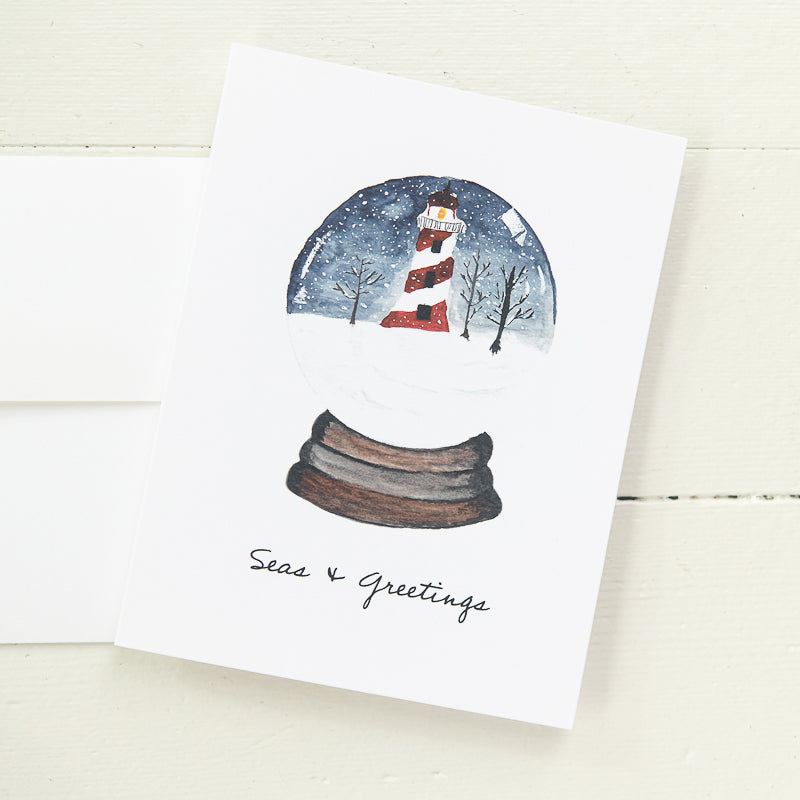Winter Lighthouse Snow Globe Watercolor Card