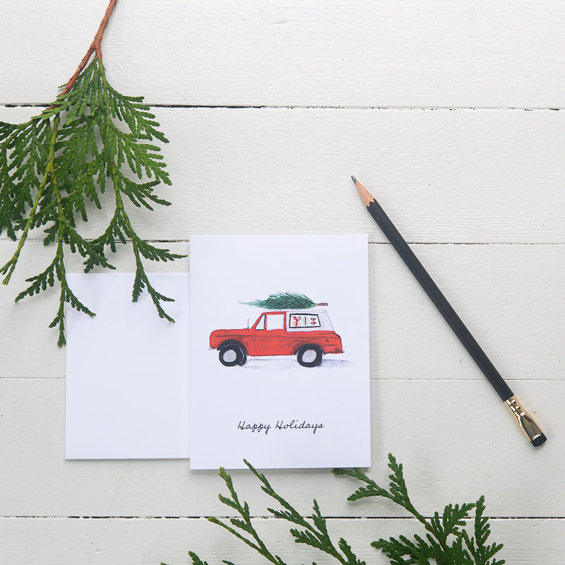 Red Bronco Note Card | Finding Silver Pennies #watercolor #watercolornotecard #christmas #redbronco