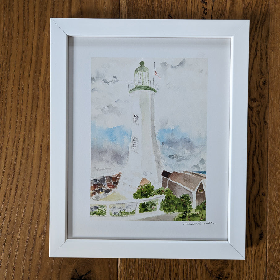 Scituate Lighthouse Watercolor Print in white frame