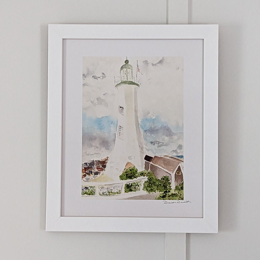 Scituate Lighthouse Watercolor Giclee Print Framed in white frame