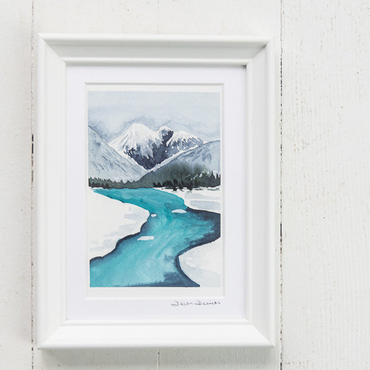 Snowy Mountain Stream Original Watercolor Painting by Danielle Driscoll | Finding Silver Pennies #watercolor #watercolorpainting #mountains #winter