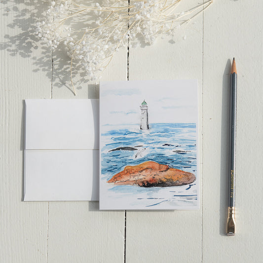 Sunny Day at Minot Light Watercolor Note Card