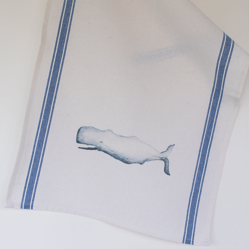 Whale Tea Towel with blue stripes | Finding Silver Pennies #watercolor #teatowel #whaleteatowel #whale