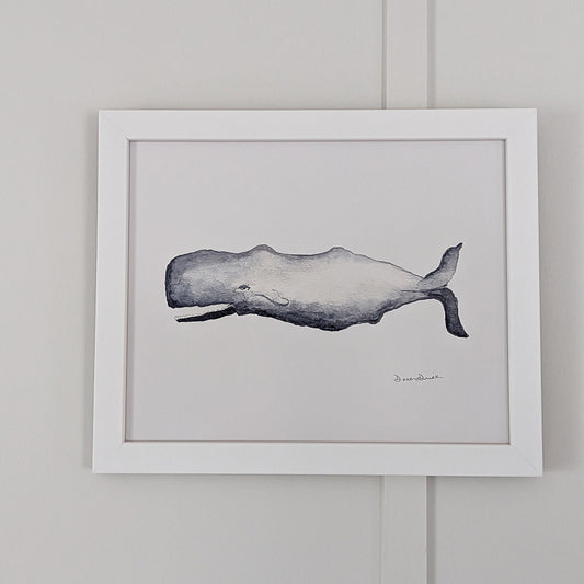 Whale Watercolor framed giclee print in white frame