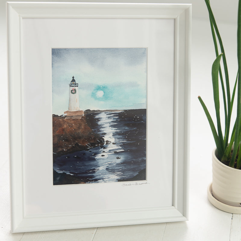 Snowy Lighthouse original painting by Danielle Driscoll | Finding Silver Pennies #watercolor #ocean #winter #lighthouse #coastal